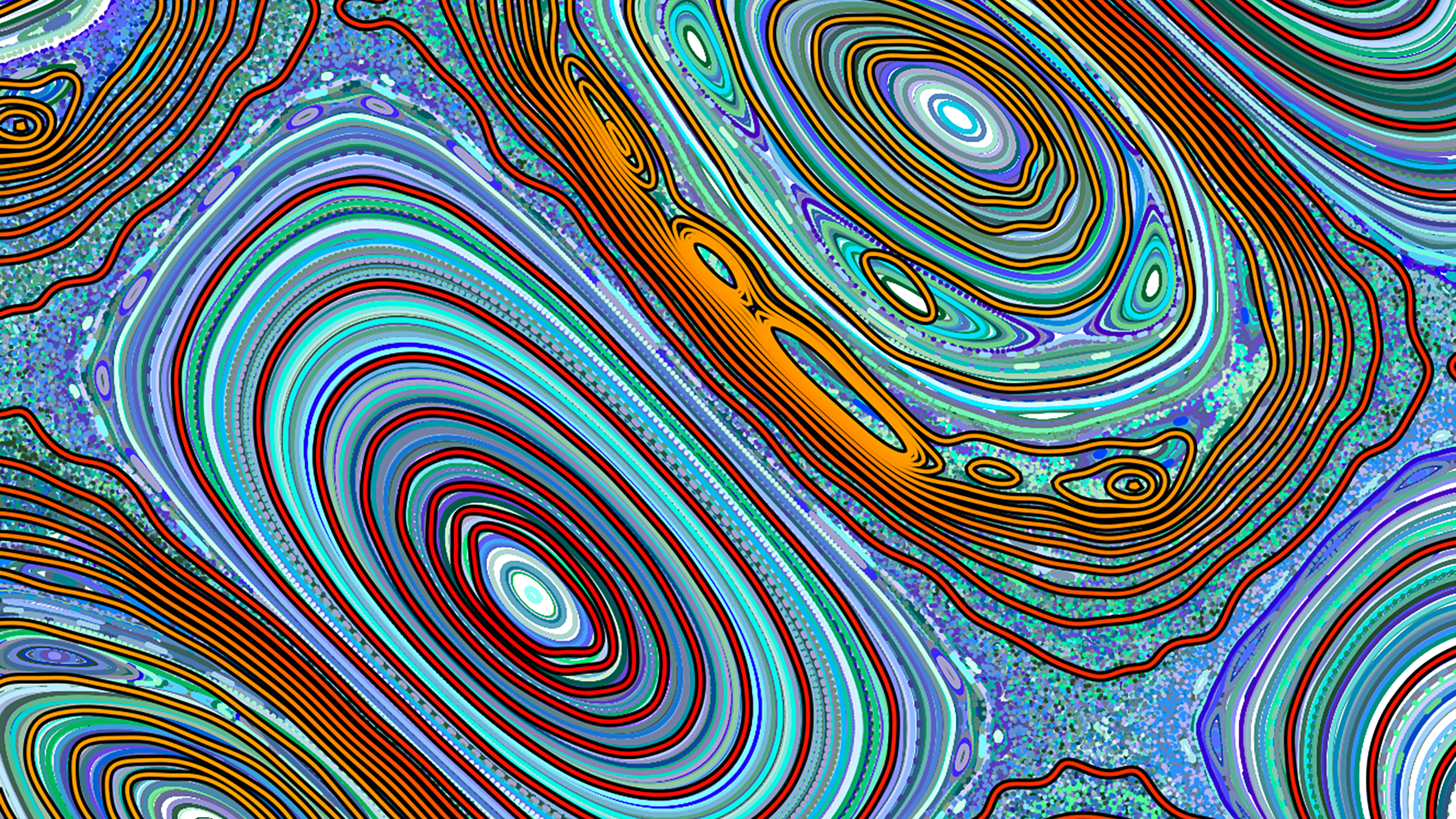 An abstract, colorful pattern resembling topographic maps. The design features concentric, oval-shaped rings in vibrant shades of blue, green, red and orange. The background is filled with intricate textures and speckles in lighter blue tones.